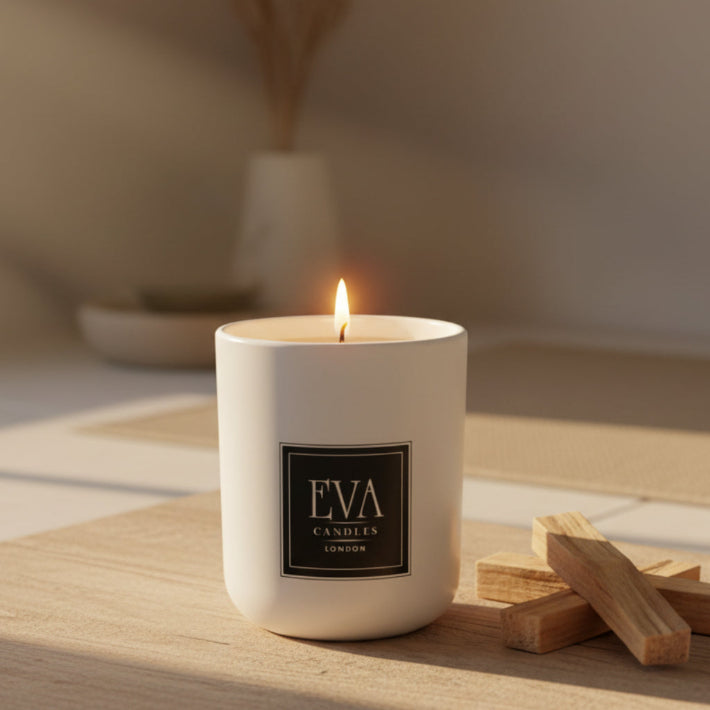 White candle with a black label on a gray background